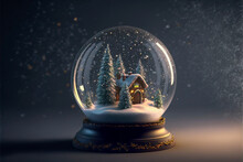 Beautiful Snow Globe With Snowy Landscape And Trees On A Christmas Themed Background Copy Space	