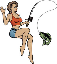 Colour Vector Fishing Trip Illustration With A Pin Up Girl