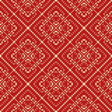 Vector Geometric Traditional Folk Ornament. Modern Ethnic Style Seamless Pattern. Red And Beige Ornamental Geo Background With Small Squares, Snowflakes, Floral Shapes. Texture Of Embroidery, Knitting