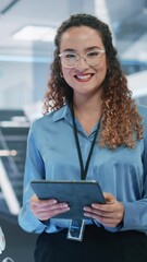 Aufkleber - Vertical Screen: Beautiful Hispanic Female Wearing Glasses, Using Tablet Computer, Looking at Camera and Smiling. Businesswoman, Information Technology Manager, Robotics Engineering Specialist.