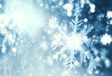 Fototapeta  - Blurry background of snowflakes with bokeh. Perfect for cards, posters and more.	