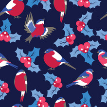 Hand-drawn Seamless Pattern With Bullfinch And Holly Berry.   Seasonal Natural Christmas Background. 