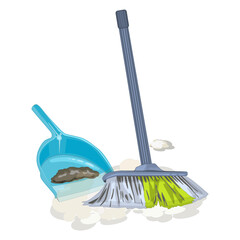 Broom and dustpan isolated on white background. Housework tools for cleaning garbage in house. Panicle with cleaning scoop for dust and waste swept from floor. Cleaning service. Vector illustration