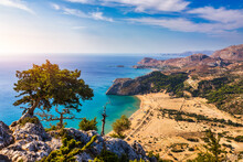 Tsampika Beach With Golden Sand View From Above, Rhodes, Greece. Aerial Birds Eye View Of Famous Beach Of Tsampika, Rhodes Island, Dodecanese, Greece