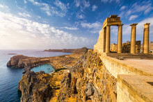 Ruins Of Acropolis Of Lindos View, Rhodes, Dodecanese Islands, Greek Islands, Greece. Acropolis Of Lindos, Ancient Architecture Of Rhodes, Greece.