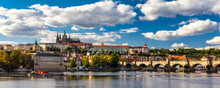 Prague Castle, Charles Bridge And Boats On The Vltava River. View Of Hradcany Prague Castle, Charles Bridge And A Boats On The Vltava River In The Capital Of The Czechia.