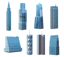 Skyscrapers, Business Towers, Office, Residential And Commercial Tall Buildings Set. Modern Eco Cityscape 3D Render Design Elements. Future Smart City Megapolis Town Skyscraper Icons Isolated On White