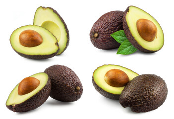 Wall Mural - avocado isolated. collection of ripe avocados and avocado halves on a white background. avocado set.