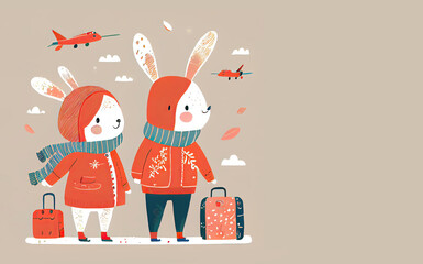 Sticker - Cute winter pattern, tiny rabbit couple wearing red Christmas sweaters, they are hiking on a mountain. Area for Christmas wishes, Area for New Year wishes. Card.