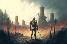 A Fabulous Knight With A Sword In A Ruined City