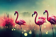 Two Flamingos Couple Standing In Lake, Fantasy Magical Enchanted Fairy Tale Landscape With Pair Of Elegant Birds, Fairytale Blooming Pink Rose Flower Garden On Mysterious Blue Background In Night.