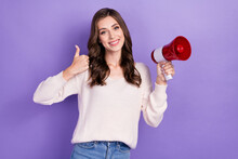 Photo Of Adorable Cute Lady Arm Hand Thump Up Cool Offer Proposition Discounts Positive Feedback Isolated On Purple Color Background