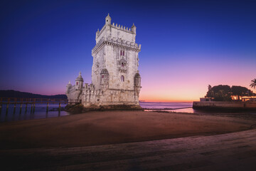 Wall Mural - Belem Tower and Tagus River (Rio Tejo) at sunset - Lisbon, Portugal