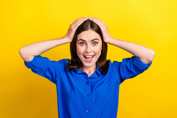 Sticker - Photo of astonished lady wear trendy clothes impressed rejoice win lottery jackpot casino millionaire isolated on yellow color background