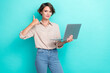Leinwandbild Motiv Photo of confident professional nice broker woman wear formal smart casual outfit hold computer like good service advert isolated on cyan color background