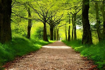 Footpath in the park, a lonely place in the woods, stone trail paths in a forest 