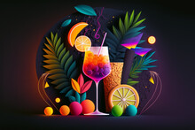 Beautiful Illustration Paper Craft Style Of Cocktail And Mocktail With Fresh Fruit In Neon Tone Color 