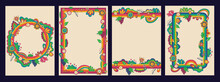 Psychedelic Retro Style Floral Frames Set. Vintage Botanic Borders 1960s Design Backgrounds