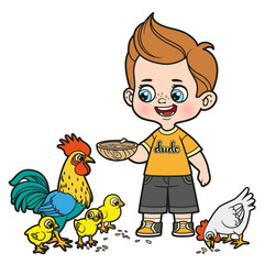 Poster - Cute cartoon boy feeds feeds chickens and chicks with grains from a bowl color variation for coloring page on white background