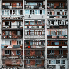 An apartment building in a war zone. Damage to a house as a result of artillery strikes. War in residential areas, broken windows and burned apartments. Armed Conflict in Ukraine