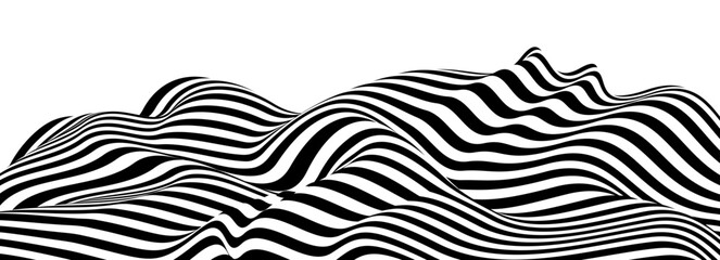 Wall Mural - 3D black and white lines in perspective abstract vector background, linear perspective terrain pattern op art.