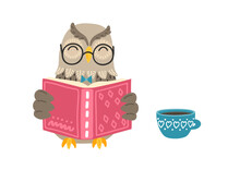 Owl Reads Book With Cup Of Tea. Children Education Illustration. 