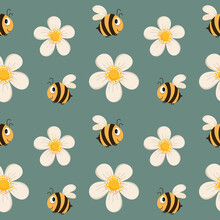 Seamless Pattern, Cute Funny Bees And White Daisies On A Green Background. Print For Children, Textiles, Wallpaper, Bedroom Decor