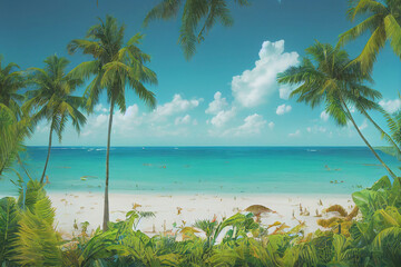 Wall Mural - Beautiful tropical beach with white sand, palm trees, turquoise ocean against blue sky with clouds on sunny summer day. Perfect landscape background for relaxing vacation, island of Maldives.