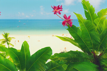 Wall Mural - Beautiful tropical beach with white sand, palm trees, turquoise ocean against blue sky with clouds on sunny summer day. Perfect landscape background for relaxing vacation, island of Maldives.