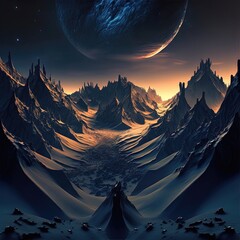 Fantasy night mountain landscape. Cold planet landscape.