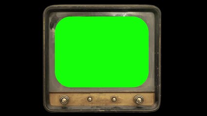 Wall Mural - An old retro analog tv set (1940s) into a dark room (isolated), with a green screen for easy replacement. Slow zoom in movement.
