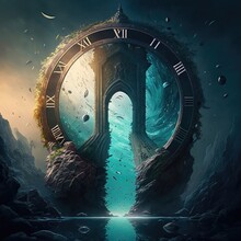 Fantasy Temporary Majestic Stone Portal To Another World. Time Portal. Mysterious Fantasy Landscape, Round Arch, Clock, Noen Light, Night View. 