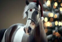 Horse With A Christmas Hat On, Bokeh Background, Christmas Banner