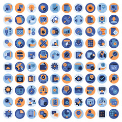 Business and marketing, programming, data management, internet connection, social network, computing, information. Blue and orange icons set. Flat vector illustration	
