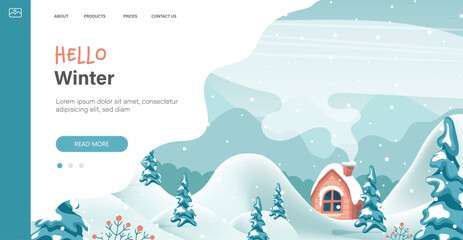 Winter in village holiday template. Winter landscape with cute house and trees, merry Christmas greeting card template. Vector illustration in flat style