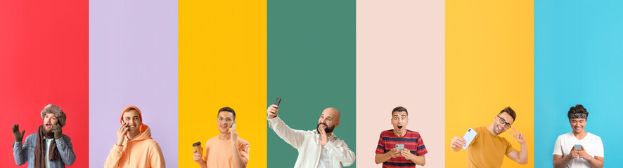 Canvas Print - Collage of modern men with mobile phones on color background