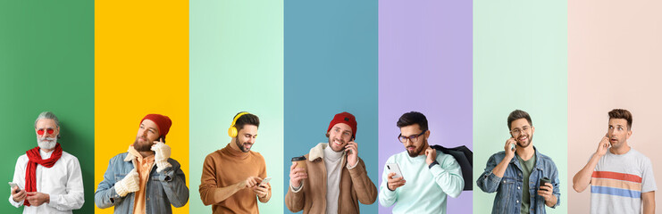 Canvas Print - Collection of men with mobile phones on color background