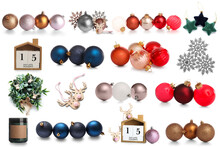 Collage Of Stylish Christmas Decorations On White Background