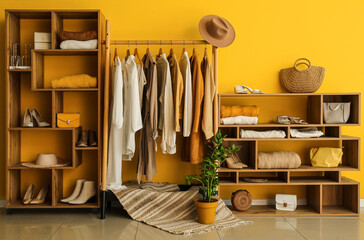 Wall Mural - Interior of stylish dressing room with rack, clothes and shelving units