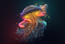 Lovely Iridescent Jellyfish Floating, 3D Illustration. Ocean Life Artwork, Brilliant Color.