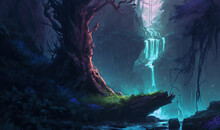 Fantasy Magical Landscape Forest With Blue And Purple, Digital Art. Fantasy Landscape, Deep Color.