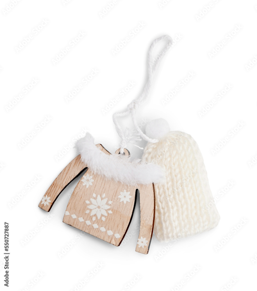 Wooden sweater toy with hat on white background