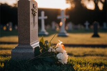 Funeral Flowers White Roses And Lilies Lie On The Green Pasture Of A Cemetery On A Beautiful Day During Golden Hour