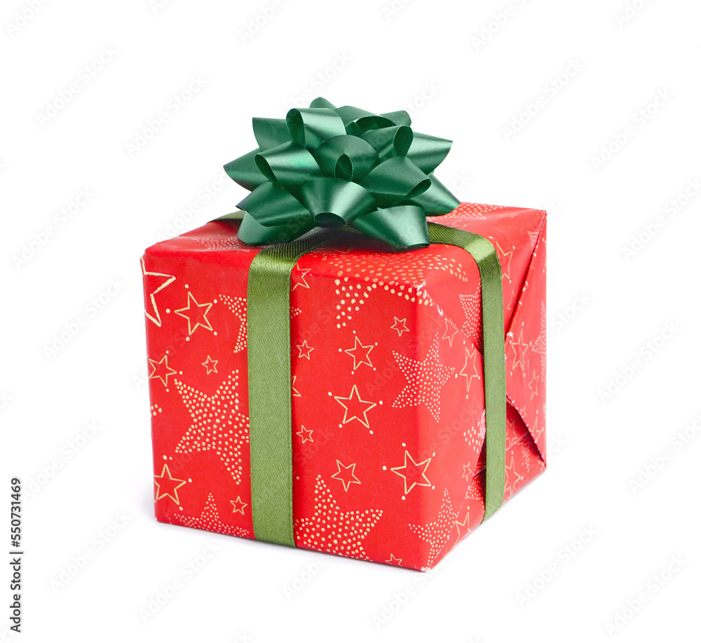 Christmas gift box with green bow on white background