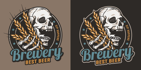 Beer emblem with skull and barley. Skeleton with barley in bone hands for brewery or bar. Craft beer vector logo for colored design label of pub and beer factory