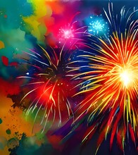 The Night Sky Is Lit Up With Colorful Fireworks. They Explode In The Air, Creating Patterns And Shapes That Are Briefly Visible Before Disappearing Again. The Sound Of The Explosions Echoes Through Th