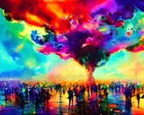 Fototapeta Sport - The sky is ablaze with vibrant colors as the fireworks explode in a magnificent display. The brilliant light illuminates the happy faces of people gathered to celebrate the start of a new year. It's a