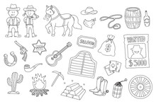 Hand Drawn Vector Illustration Set Of Wild West Elements Including Horse And Wanted Poster With A Cowboy