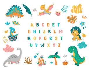 Dinosuars alphabet concept. Educational material for children, education and development of kids skills. Reading lessons, fantasy and imagination, animals BC. Cartoon flat vector illustration