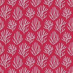 Vector floral seamless pattern in the color of the year 2023 viva magenta with leaves and branches